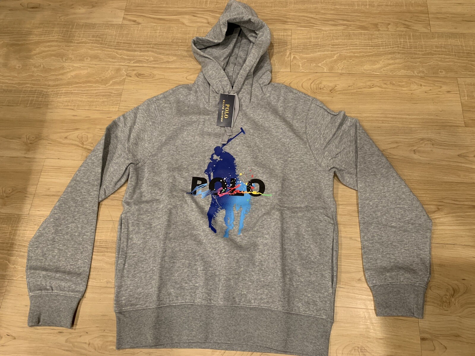 PONY Felpa con cappuccio Polo Ralph Lauren uomo grande misto cotone grafica pile grigia nuova con etichette M L