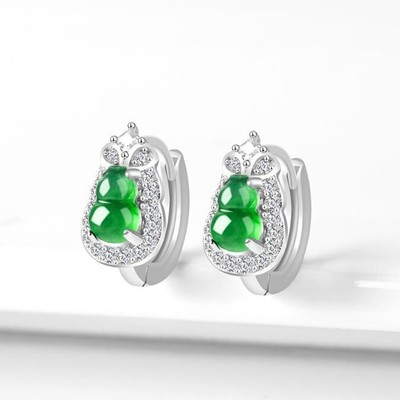Certified Natural Ice Green Jade jadeite Gourd 福禄 925Silver Fashion Earrings