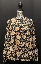 A New Approach - Black Red Floral Long Sleeve 1/2 Button Up Blouse - Size Medium