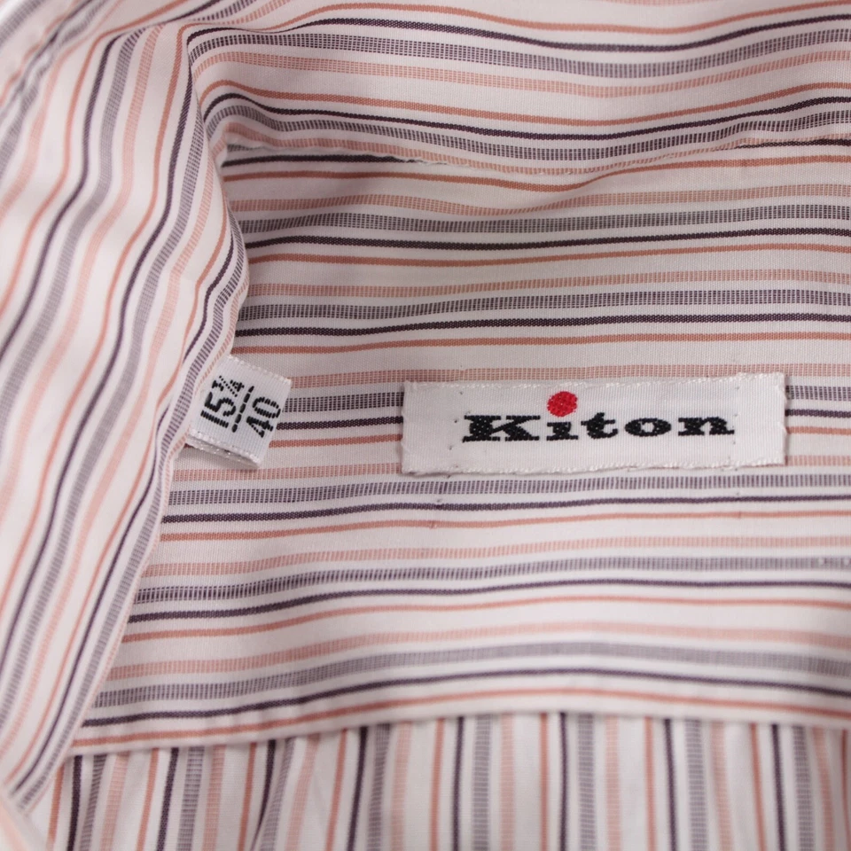 Camisa de vestir Kiton nueva con etiquetas talla 15,75 40 beige y blanco a rayas 100 % algodón Foto 2 de 4