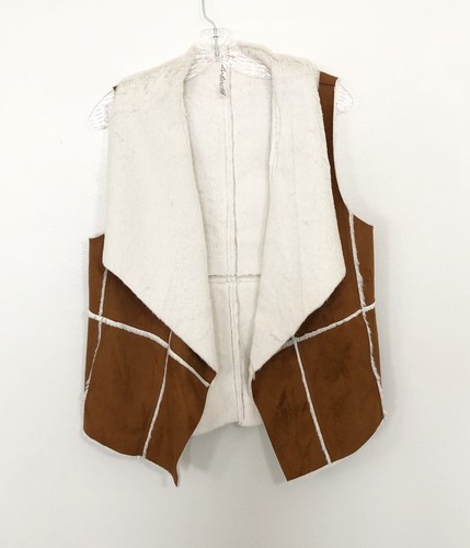 Lulu B Y2K Cardigan Vest Faux Suede Shearling Brown Cream Multi Small S Boho NWT - Picture 6 of 12