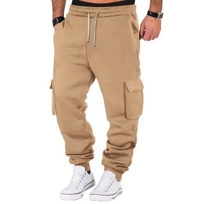 Spring Fall Men's Cargo Joggers Soft Fleece Sweatpants Multi-Pockets Drawstring