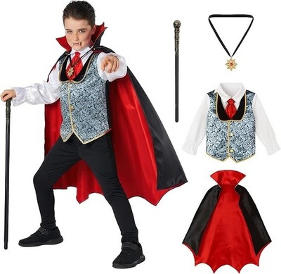 Kids Dracula Costume + Cane Boys Spooky Vampire Halloween Cape 3 - 14 yrs