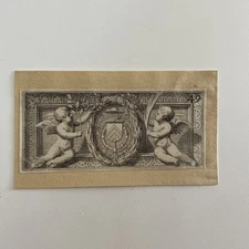 Antique Heraldic Engraving putti  Winged Cherubs Laurel Wreath – 17th C Baroque