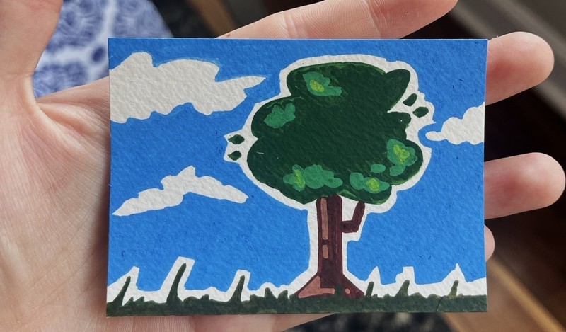ACEO Original Blue Sky Tree Grass Landscape Clouds Acrylic Marker Art Cards Nova
