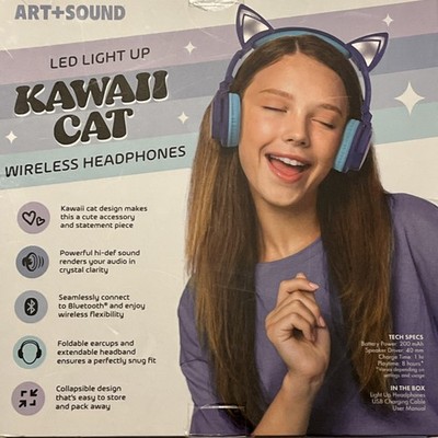 ART+SOUND Kawaii Cat LED Bluetooth Wireless Kids Headphones Blue NEW SEALED