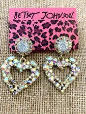 Dangling Pave AB White Crystal Open Hearts Gold Betsey Johnson Pierced EARRINGS