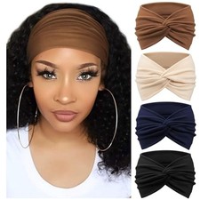 4 Pack Turban Headbands for Women Wide Vintage 4 Pcs: Black/Navy/Beige/Brown