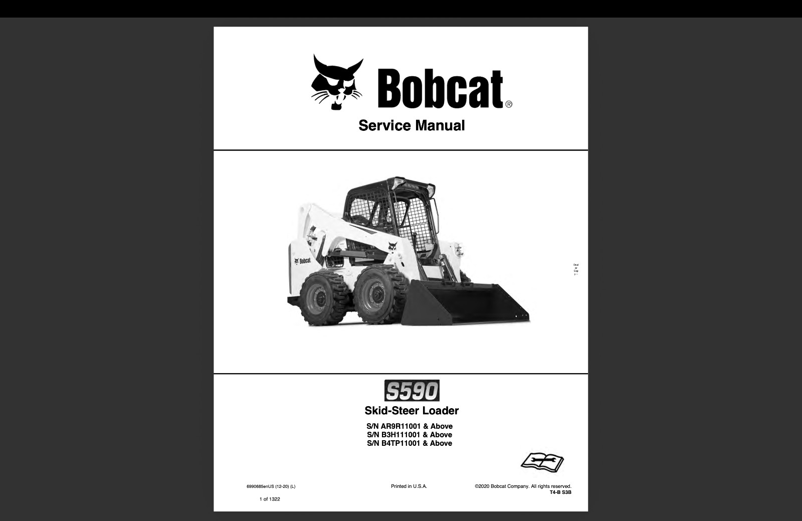 Bobcat S590 S/N AR9R11001 Service Repair Manual, Workshop Manual