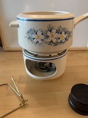 Lenox DEWDROPS Temperware 2 Qt Open Fondue Pot W/ Warmer Stand Blue Flowers