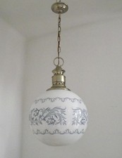 Ciondolo globo metà secolo francese, paralume motivo blu, lampada a sospensione vintage 5759