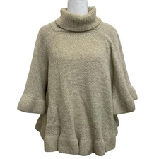 Anthropologie Beige Ruffle Hem Fuzzy Knit Turtleneck Poncho Sweater sz OS Trendy