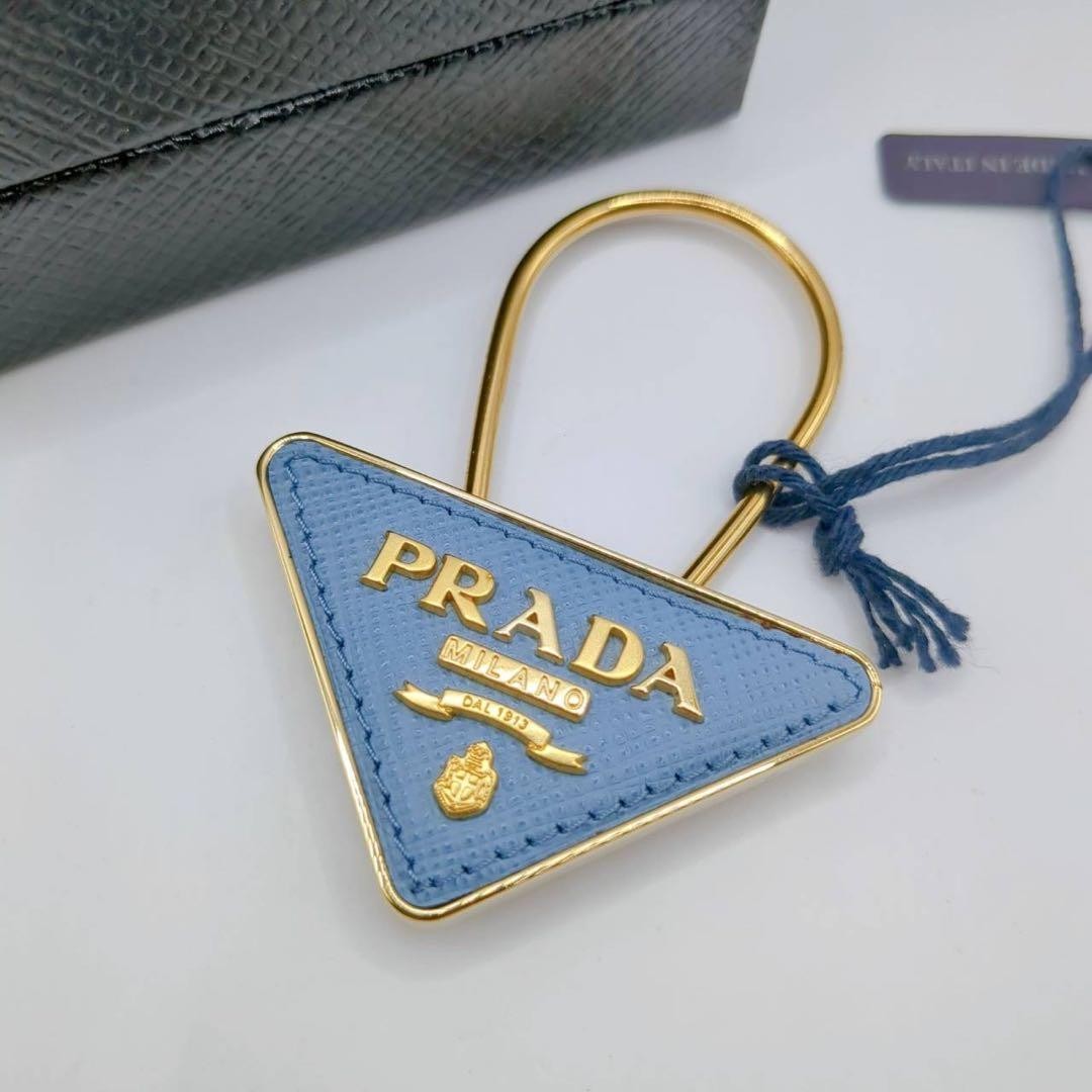 PRADA Triangular Logo Keyring Leather Light Blue Gold Used
