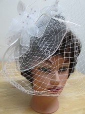 Fascinator Hair Clip Feather Flower Veil Wedding, Derby, Cocktail Hat White
