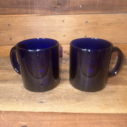 Pair Libbey Flare Cobalt Blue Glass 12 oz Coffee Mugs, Made in USA