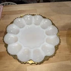 Anchor Hocking White Milk Glass Deviled Egg Plate Gold Trim 10" Party VTG