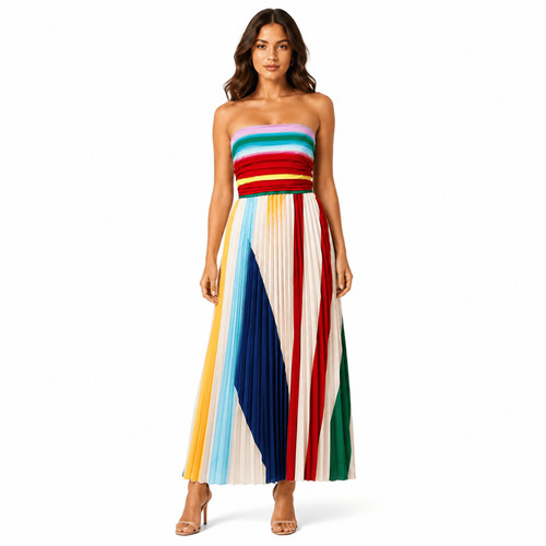 Veyora Apparel Women's Strapless Colorblock Pleated Maxi Dress, Rainbow Smocked