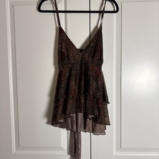 CIDER boho babydoll top, brown leopard print on sheer mesh Size L 0208