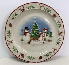 Holiday Dinner Plate 10.5” Snowman Family W/ Christmas Tree - Candy Cane Holly