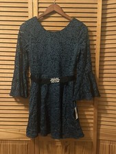 NWT Ally B. Girls Green Floral Lace Studded-Belt Bell-Sleeve A-Line Dress; 16