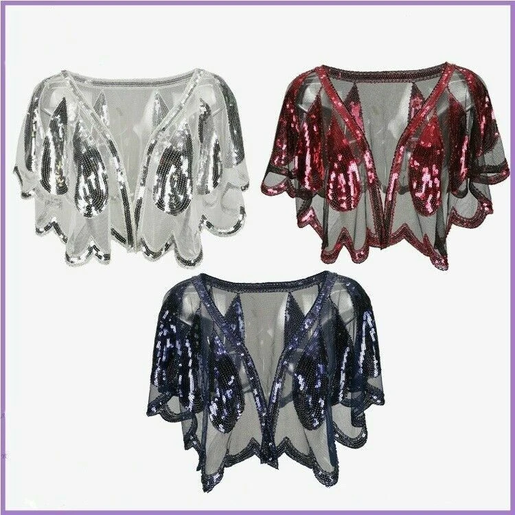 Dama Retro Lentejuelas Capa Encaje Transparente Encogerse de hombros Bolero Chal Noche Baile de graduación Cárdigan Top Foto 3 de 4