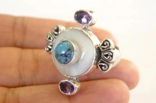 Anillo Madreperla Turquesa Amatista Plata de Ley Talla 7 8 Foto 2 de 3