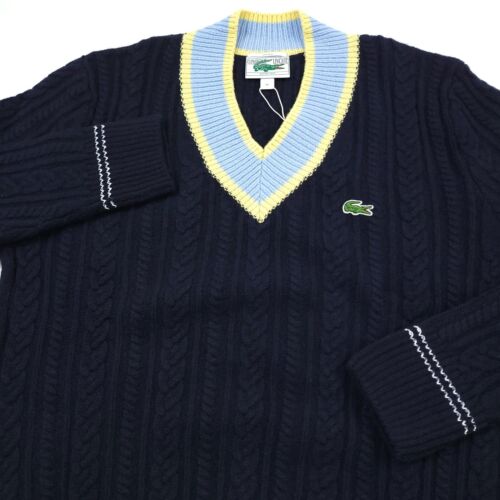 $198 Lacoste Classique Wool V-Neck Cableknit Sweater Unisex Size Medium Blue - Afbeelding 1 van 13