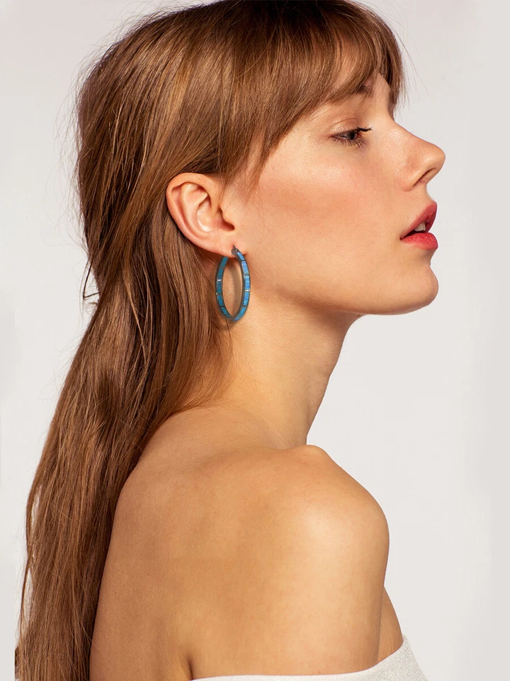 Gemstone Blue Fire Opal Hoop Silver Earrings 925 Silver Women Jewelry - Image 2 of 4