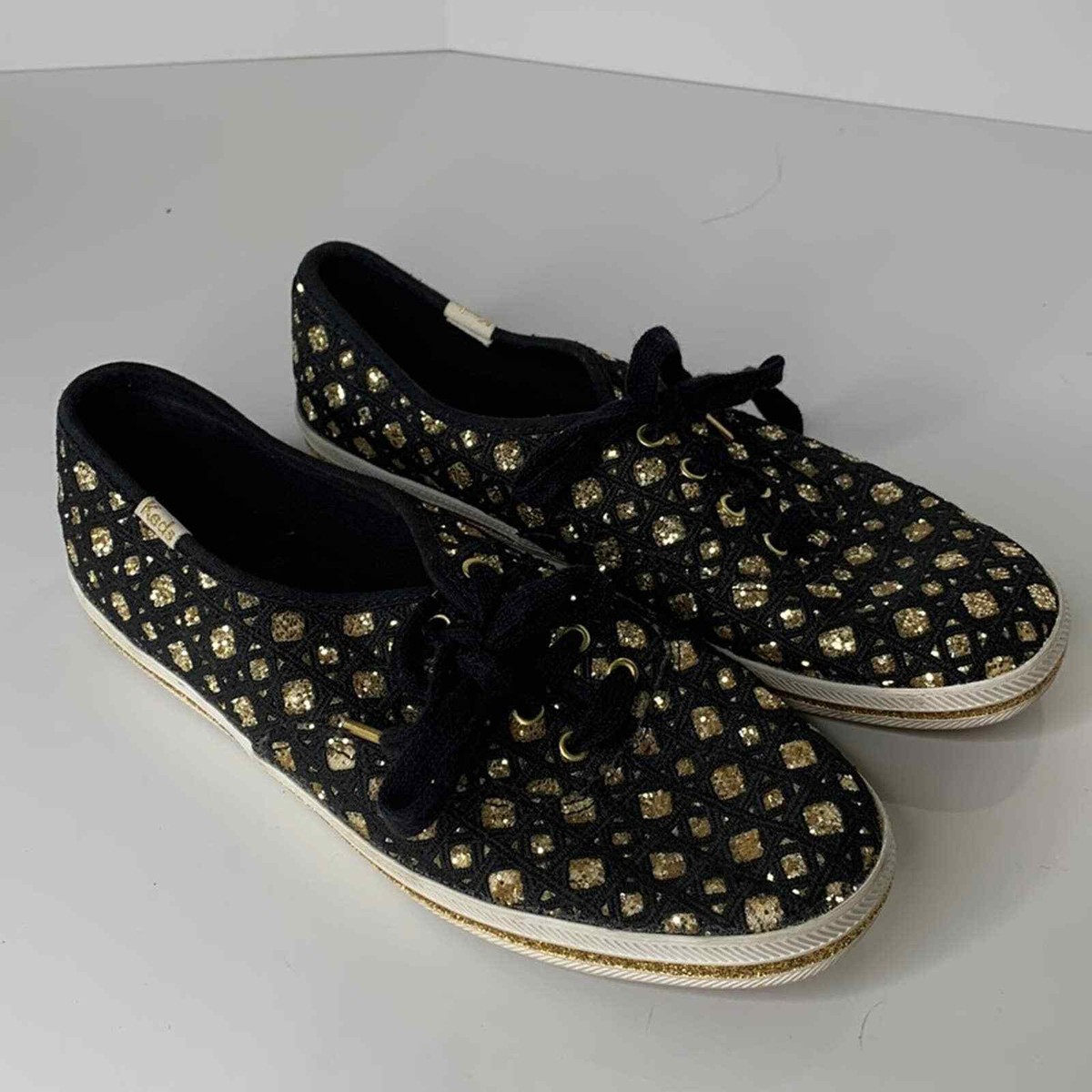 Keds by Kate Spade black woven gold glitter sneakers
