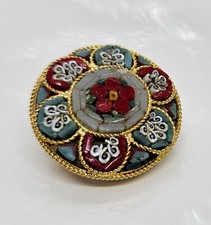 Vintage Millefiori Micro Mosaic Brooch Pin Floral Round Marked Italy 1"