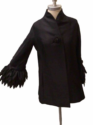 Rare 1960s  Coat,Vinchi Vintage Italian Sculptural Silk, Wool Petal Black Swing