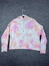 Calvin Klein Women's Pink Orange Tie Dye Logo Hoodie Activewear Sweatshirt Sz L