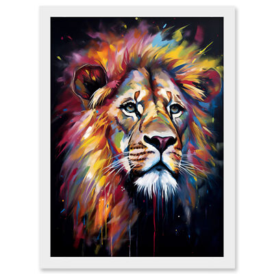 Löwenkopf Ölgemälde Regenbogenfarbe Mähnenhaar Portrait gerahmt Kunstdruck A4