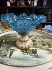 0464. Vtg Estate Blue Murano Glass Ruffled Center Bowl/compote