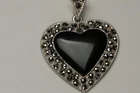 Vintage Sterling Silver Black Onyx Marcasite Heart Pendant Necklace 925 18