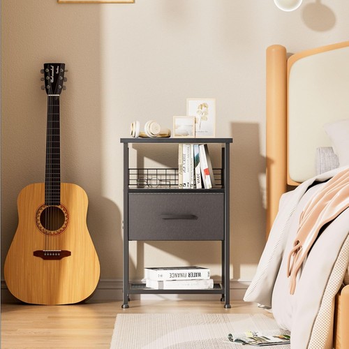 Comodino con Cassetto Set di 2, Fine Tavolo con Cassetti in Tessuto Finitura PU - Foto 6 di 7