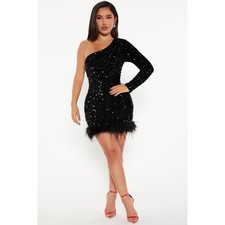 Fashion Nova Black Sequin Feather One Shoulder Giada Sequin Mini Dress L Party