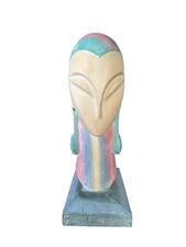 Postmodern Wood Bust Sculpture in Pastel Woman With Other Worldly Shaped Eyes