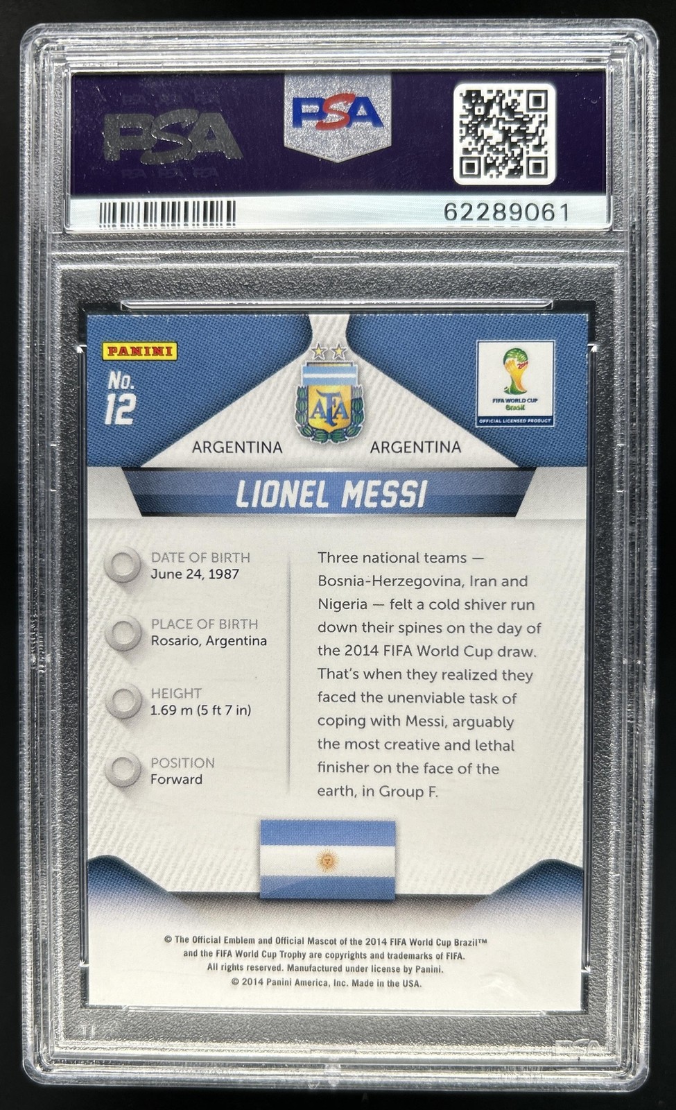 2014 Panini Prizm FIFA World Cup Brazil Lionel Messi #12 Argentina PSA 9 view 2