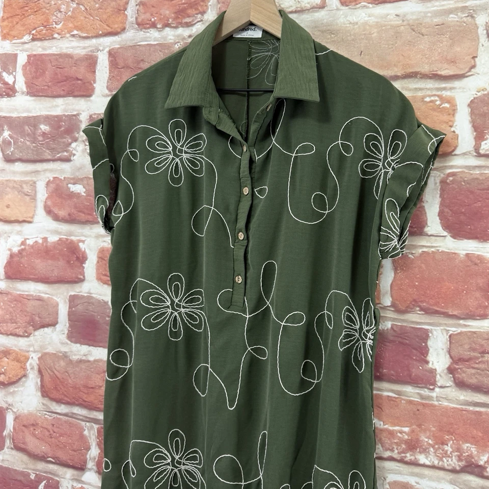 Anthropologie Kindred Dress Womens L Green White Embroidered Floral Casual Midi - Image 4 of 4