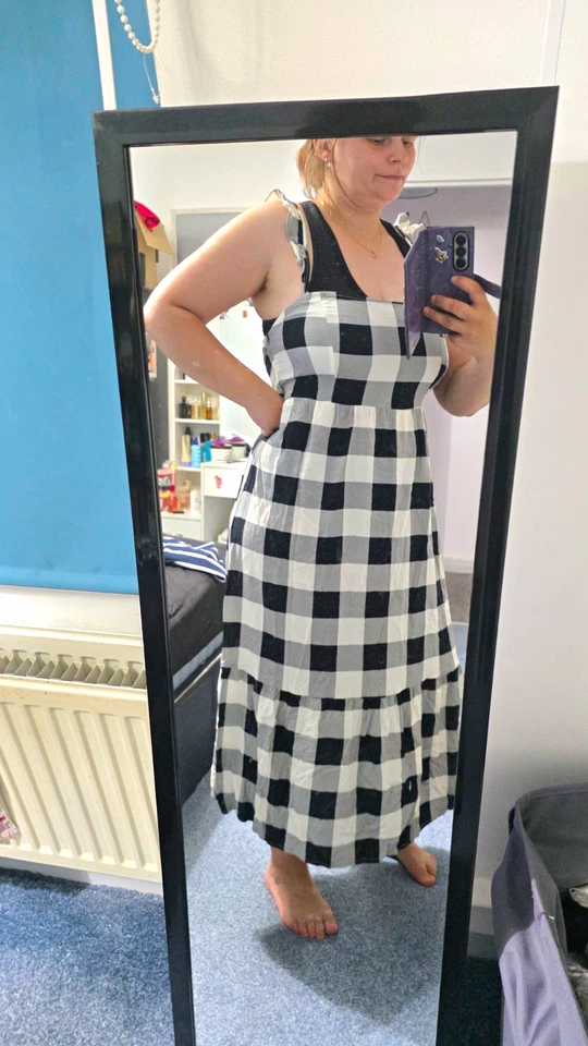 New Look Black & White Gingham Dress, Square Neck, Tie Waist, Strappy, 14 - Image 1 of 4