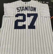 Giancarlo Stanton #27 NYY White Stripe Cool Base Sewn Stitched Jersey.