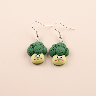 Cute Smiling Broccoli Cartoon Vegetable Veggie Hook Dangle Drop Earrings Gift
