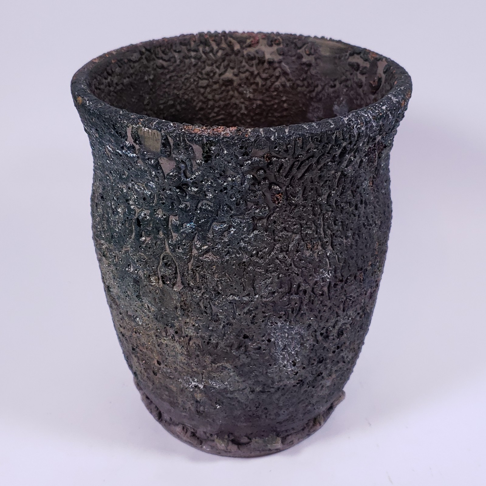 SIGNED RAKU POTTERY Metallic Iridescent Textured Drip Lava Glaze PLANTER VASE