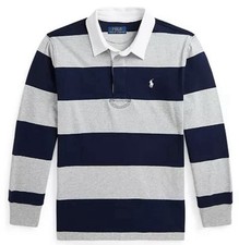 NWT, Boys POLO RALPH LAUREN Blue-Gray Striped Rugby Shirt. M 10-12 . Eu 146/152