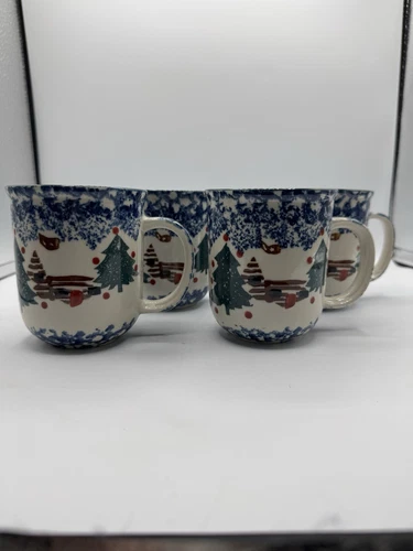 Cabin In The Snow Christmas Sponge Ware Coffee Mugs by Tienshan Set Of 4