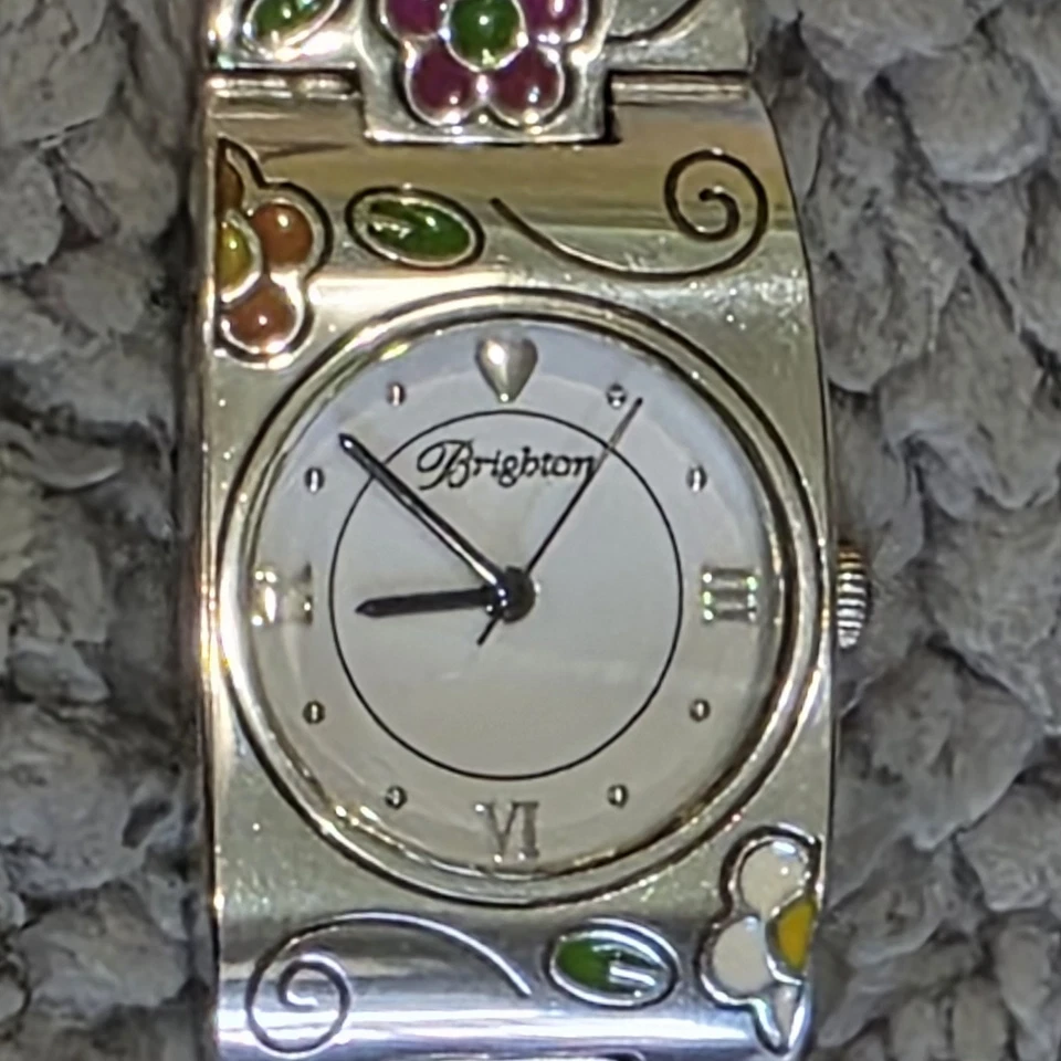 Reloj Pulsera Brighton Martinica Esmalte Flores Cuarzo Japón Tono Plateado Vintage Foto 4 de 4