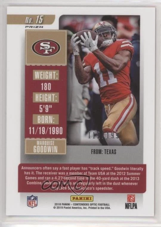 2018 Panini Contenders Optic Red Prizm /199 Marquise Goodwin #15 - Image 2 of 2