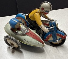 Vintage Tin Wind Up Motorcycle with Sidecar - by Clockwork Toys c1970 WORKS 