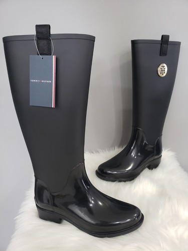NEU GRÖSSE 10 Tommy Hilfiger schwarz Karissa hoch Regenstiefel wasserdicht PULL ON SOLID